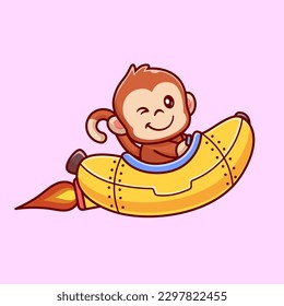 Cute Monkey Riding Rocket Banana Cartoon Vector Icon Illustration. Animal Technology Icon Concept Isolated Premium Vector. Flat Cartoon Style