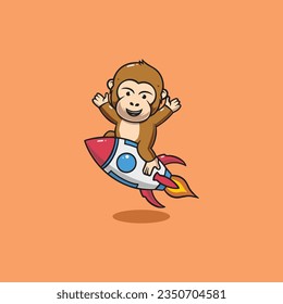 Cute monkey riding rocket cartoon illustration