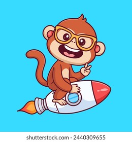 Cute Monkey Riding Rocket With Glasses Cartoon Vector Icon Illustration. Animal Science Icon Concept Isolated Premium Vector. Flat Cartoon Style