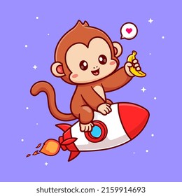Cute Monkey Riding Rocket And Holding Banana Cartoon Vector Icon Illustration. Animal technology Icon Concept Isolated Premium Vector. Flat Cartoon Style