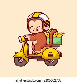 Cute Monkey Riding Scooter With Banana Box Cartoon Vector Icon Illustration. Animal Transportation Icon Concept Isolated Premium Vector. Flat Cartoon Style