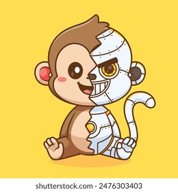 Cute Monkey Robot Cyborg Cartoon Vector Icon Illustration. Animal Technology Icon Concept Isolated Premium Vector. Flat Cartoon Style