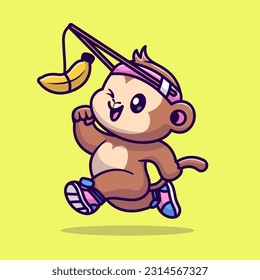 Cute Monkey Run Chasing Banana Cartoon Vector Icon Illustration. Animal Sport Icon Concept Isolated Premium Vector. Flat Cartoon Style