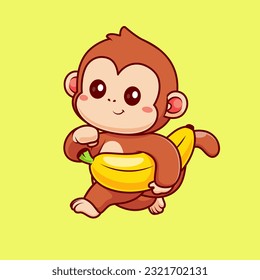 Cute Monkey Running With Banana Cartoon Vector Icon Illustration. Animal Food Icon Concept Isolated Premium Vector. Flat Cartoon Style