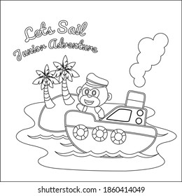 Cute monkey sailor on the boat with cartoon style. Creative vector Childish design for kids activity colouring book or page.