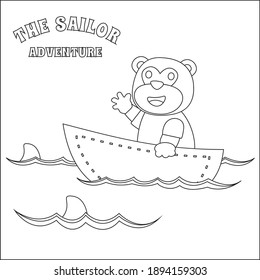Cute monkey sailor on the boat with cartoon style. Creative vector Childish design for kids activity colouring book or page.