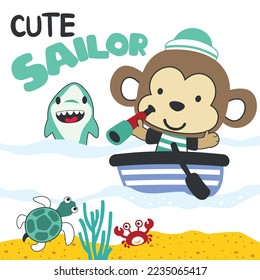 Cute monkey sailor on the boat. Can be used for t-shirt print, kids wear fashion design, baby shower invitation card. fabric, textile, nursery wallpaper, poster.