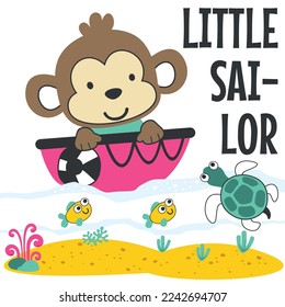 Cute monkey sailor on the boat. Can be used for t-shirt print, kids wear fashion design, baby shower invitation card. fabric, textile, nursery wallpaper, poster.