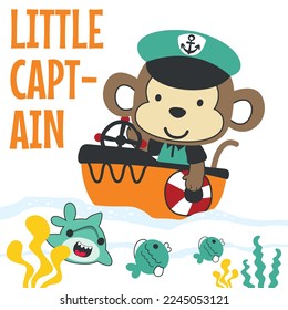 Cute monkey sailor on the boat. Can be used for t-shirt print, kids wear fashion design, baby shower invitation card. fabric, textile, nursery wallpaper, poster.