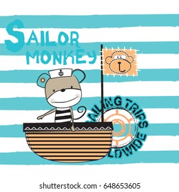 cute monkey sailor vector illustration, sea theme cartoon, T-shirt design for kids