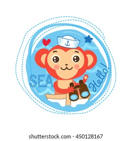 Cute Monkey Sailor Vector Illustration.Kids Sea Theme Cute Cartoon Vector For White 
Background. T-shirt design vector illustration.