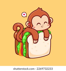 Cute Monkey Sandwich Cartoon Vector Icon Illustration. Animal Food Icon Concept Isolated Premium Vector. Flat Cartoon Style