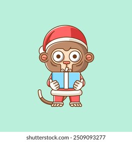 Cute monkey santa claus animal kawaii chibi character mascot illustration outline style design set