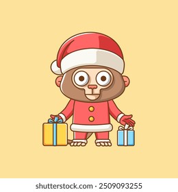 Cute monkey santa claus give gift animal kawaii chibi character mascot illustration outline style design set