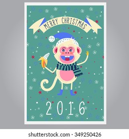 Cute monkey in Santa Claus hat and winter scarf eating banana on snowflake background
