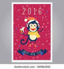 Cute monkey in Santa Claus hat and winter scarf eating banana on snowflake background