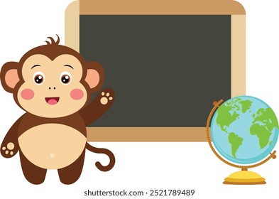 Cute monkey with school blackboard and globe