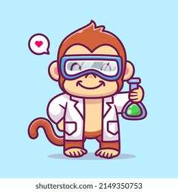 Cute Monkey Scientist Holding Chemical Liquid Cartoon Vector Icon Illustration. Animal Science Icon Concept Isolated Premium Vector. Flat Cartoon Style
