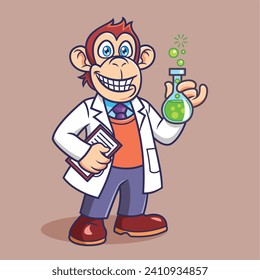 Cute monkey as scientist lab cartoon character vector Illustration. Animal professions.