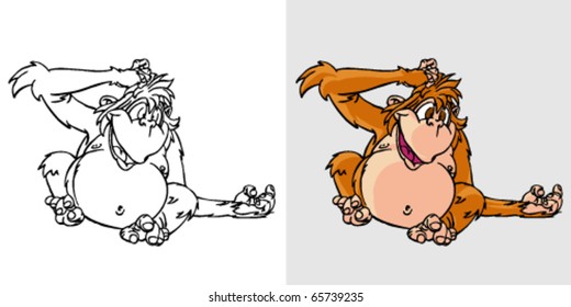 Cute monkey scratching  cartoon vector illustration. Comic hand drown template easy editable for book design. 