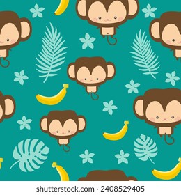 Cute monkey seamless pattern on blue background cartoon vector illustration