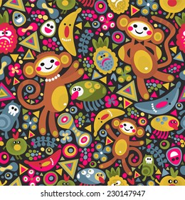 Cute monkey seamless texture. Vector colorful pattern for you background. Monkey is the symbol of 2016. 