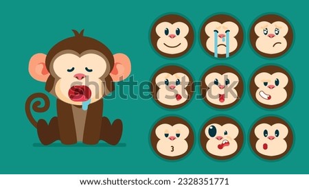 Cute monkey, set of animal emotions, tiny monkey with emoji collocation, sleeping, crying, sad, Bored, happy, excited, lovable, surprised, careless, confident, terrifled, stunned, Flat Vector avatar