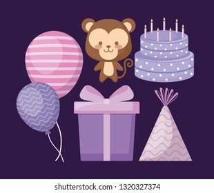 cute monkey and set icons party