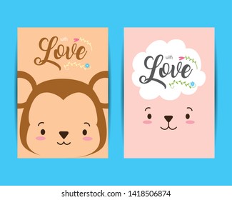 cute monkey sheep animals love vector illustration
