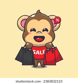 cute monkey with shopping bag in black friday sale cartoon vector illustration