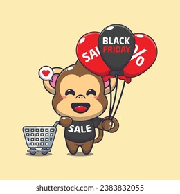 cute monkey with shopping cart and balloon at black friday sale cartoon vector illustration