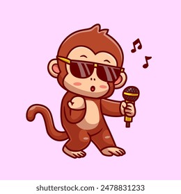 Cute Monkey Singing With Microphone Cartoon Vector Icon Illustration. Animal Music Icon Concept Isolated Premium Vector. Flat Cartoon Style