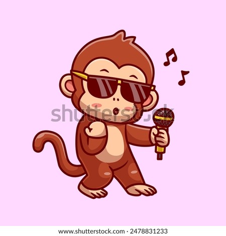 Cute Monkey Singing With Microphone Cartoon Vector Icon Illustration. Animal Music Icon Concept Isolated Premium Vector. Flat Cartoon Style