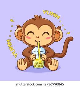 Cute Monkey Sipping Yummy Bubble Tea with a Smile Vector Illustration Cartoon Design Kawaii