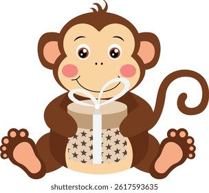 Cute monkey sitting with birthday gift
