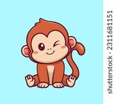 Cute Monkey Sitting Cartoon Vector Icon Illustration. Animal Nature Icon Concept Isolated Premium Vector. Flat Cartoon Style