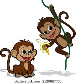 Cute Monkey Sitting Cartoon Vector Icon Illustration . Monkeys like to eat bananas . icon