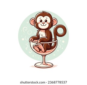 cute monkey sitting in cocktail glass vector mascot cartoon illustration