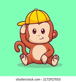 Cute Monkey Sitting With Hat Cartoon Vector Icon Illustration. Animal Nature Icon Concept Isolated Premium Vector. Flat Cartoon Style