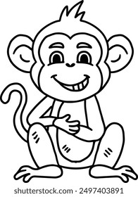 A cute monkey is sitting on the ground with its arms crossed and a smile on its face. The image is black and white, giving it a simple and playful feel