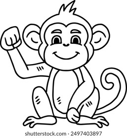 A cute monkey is sitting on the ground and waving. The monkey has a happy expression on its face