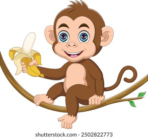 cute monkey sitting on a tree and holding a banana