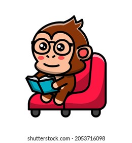 cute monkey is sitting and  reading a book icon illustration vector graphic