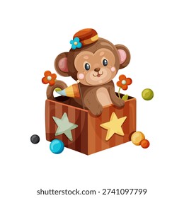 Cute monkey sitting in a striped gift box with flowers and balls, isolated on light gray background. Adorable cartoon character design in colorful vector style