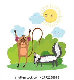 cute monkey and skunk on grass bushes nature wild cartoon vector illustration