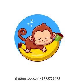 Cute Monkey Sleeping On Banana Cartoon Vector Icon Illustration. Animal Nature Icon Concept Isolated Premium Vector. Flat Cartoon Style