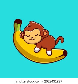 Cute Monkey Sleeping On The Banana Cartoon Vector Icon Illustration. Animal Nature Icon Concept Isolated Premium Vector. Flat Cartoon Style