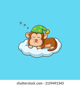 Cute monkey sleeping on the cloud. Vector illustration