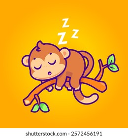 Cute monkey sleeping peacefully on a tree branch with an orange background.
