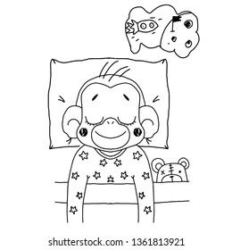 Cute monkey sleeps in bed. Black and white vector illustration. Illustration for posters and cards, coloring for adults and children.